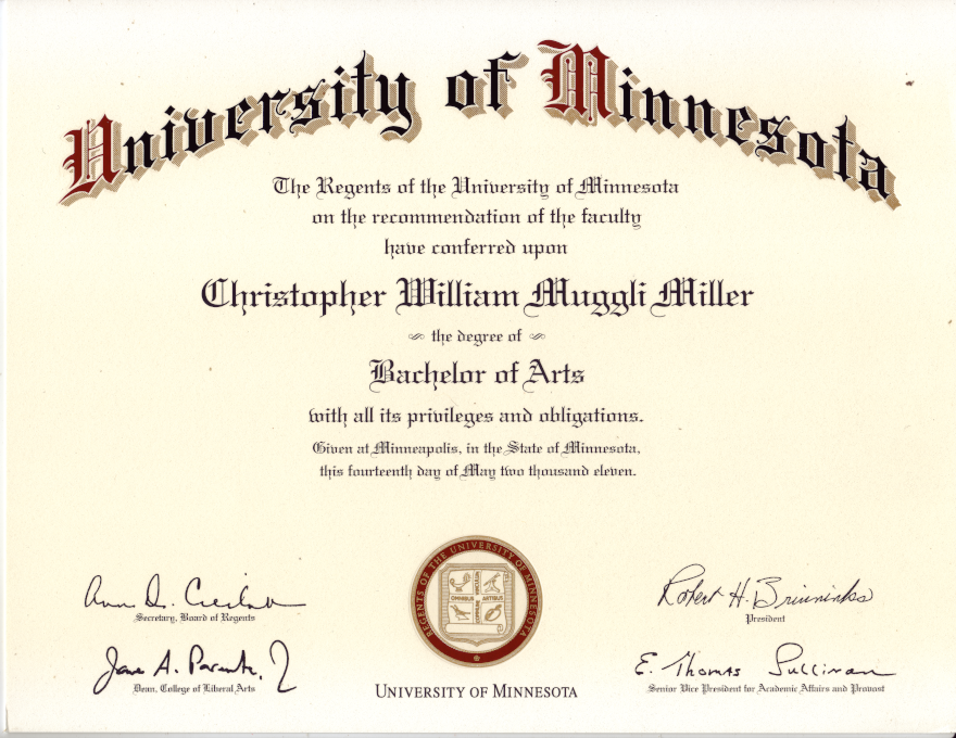 Photo of my B.A. degree from the University of Minnesota.